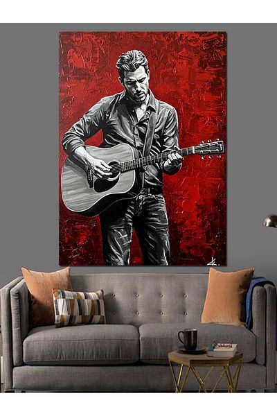 Tablomega Guitarist Decorative Canvas with Red Background - Mdf Wooden Painting