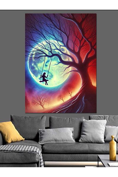 Tablomega Children's Decorative Canvas with Colorful Tree and Swing - Mdf Wooden Table