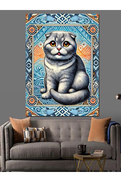 Tablomega Cute Cat in Blue Frame Decorative Canvas - Mdf Wooden Painting