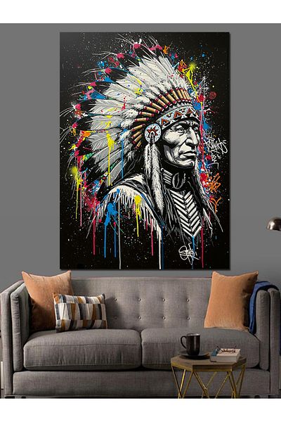 Tablomega Șef indian și pene tradiționale pânză decorativă - pictură din lemn MDF