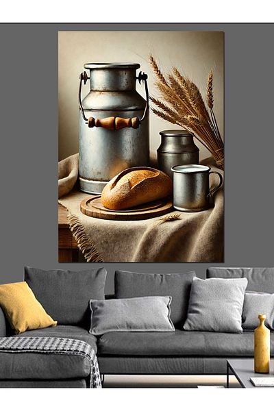 Tablomega Bread and Milk Table Decorative Canvas - Mdf Wooden Table