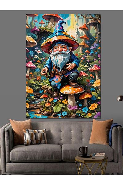 Tablomega Mushrooms and Dwarf in the Forest Decorative Canvas - Mdf Wooden Painting