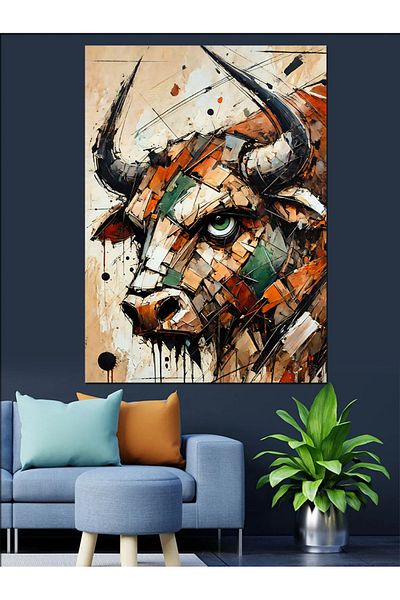 Tablomega Bull and Abstract Brush Strokes Decorative Canvas - Mdf Wood Painting