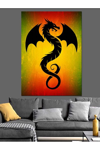 Tablomega Pânză decorativă cu desen de dragon și flacără - pictură din lemn MDF