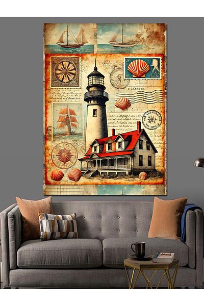 Tablomega Lighthouse and Vintage Map Decorative Canvas - Mdf Wooden Painting