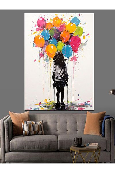 Tablomega Colorful Balloons and Girl Decorative Canvas - Mdf Wooden Painting