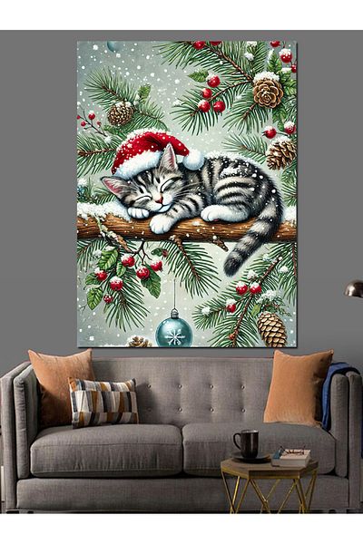 Tablomega Christmas Themed Sleeping Cat Decorative Canvas - Mdf Wooden Painting