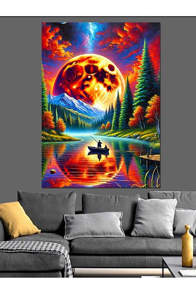 Tablomega Pânză decorativă cu lună colorată și peisaj de canoe - pictură din lemn MDF