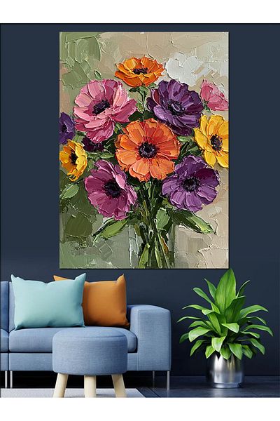Tablomega Colorful Flower Arrangement Decorative Canvas - Mdf Wooden Table