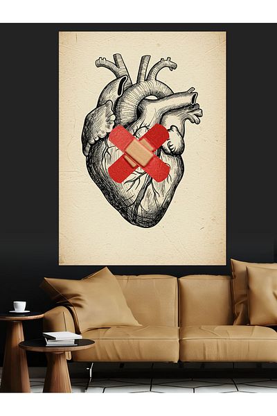 Tablomega Heart and Bandage Drawing Decorative Canvas - Mdf Wooden Painting