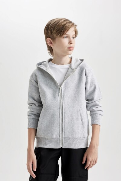 DeFacto Erkek Çocuk Basic Düz Kapüşonlu Fermuarlı Cepli Gri Okul Hırkası X5844a624au