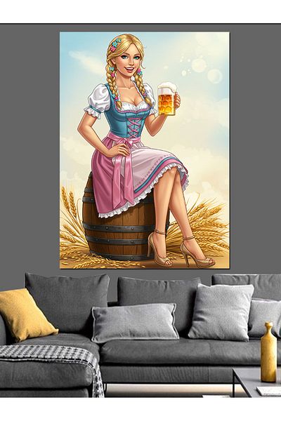 Tablomega Pânză decorativă Beer Woman și Barrel - Lemn MDF