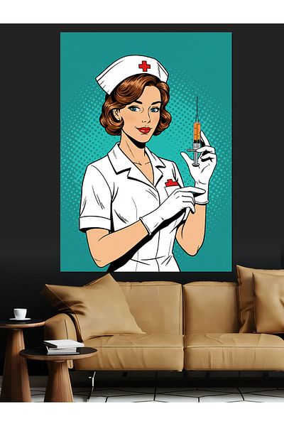 Tablomega Retro Nurse and Syringe Decorative Canvas - Mdf Wooden Painting