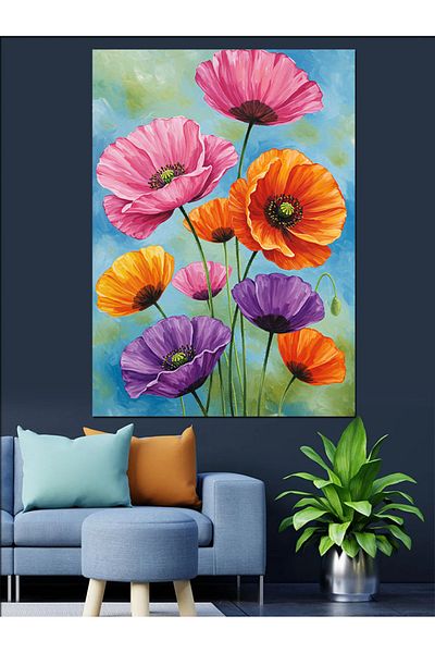 Tablomega Colorful Poppies and Spring Feeling Decorative Canvas - Mdf Wooden Painting