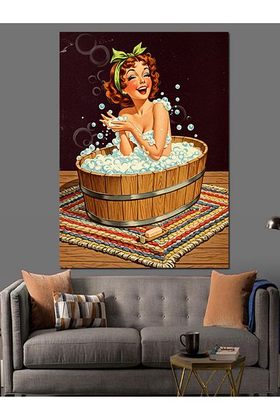 Tablomega Cheerful Woman in the Bathtub Decorative Canvas - Mdf Wooden Painting