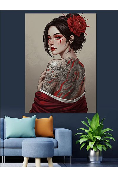 Tablomega Woman with Red Flower Tattoo Decorative Canvas - Mdf Wooden Painting