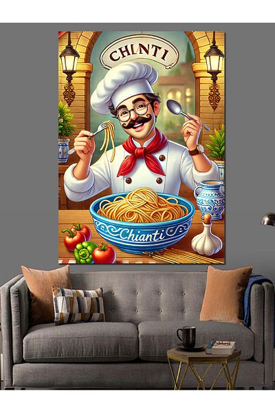 Tablomega Pasta Maker Italian Chef Decorative Canvas - Mdf Wooden Table
