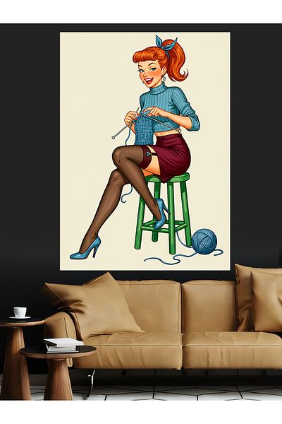 Tablomega Knitting Knitting Retro Women's Decorative Canvas - Mdf Wooden Painting