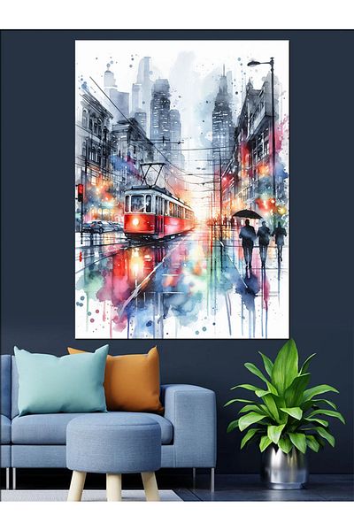 Tablomega Watercolor Colored Tram Decorative Canvas - Mdf Wooden Painting