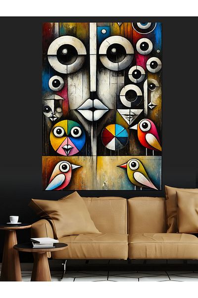 Tablomega Pânză decorativă cu design abstract de păsări și geometrice - pictură din lemn MDF