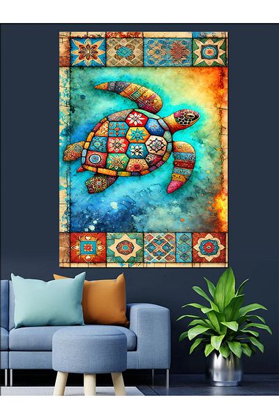Tablomega Pânză decorativă cu broască țestoasă colorată și model mozaic - pictură din lemn MDF