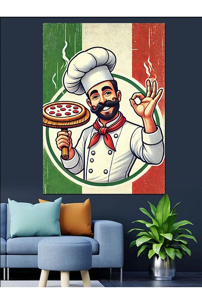 Tablomega Pizza Chef and Italian Flag Decorative Canvas - Mdf Wooden Painting