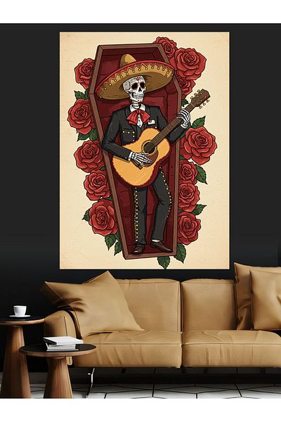 Tablomega Skeleton Playing Guitar Figure Decorative Canvas - Mdf Wooden Painting