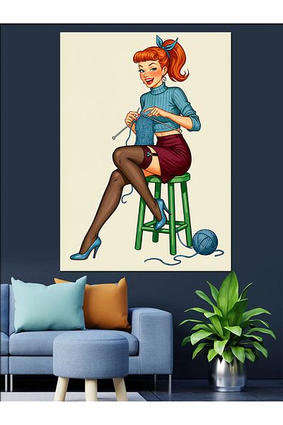 Tablomega Knitting Knitting Retro Women's Decorative Canvas - Mdf Wooden Painting