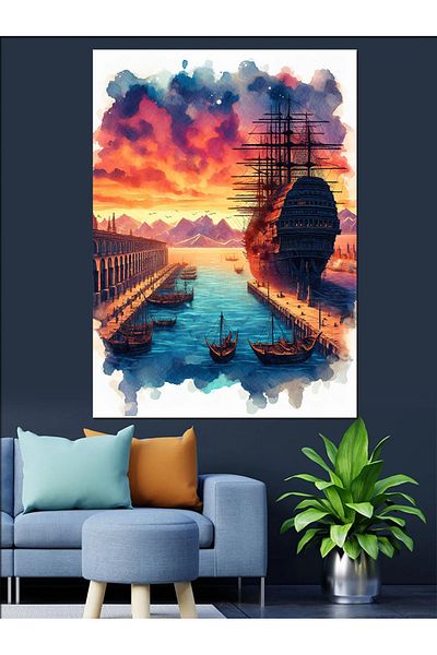 Tablomega Canvas Decorativ Mare Navă Munte și Nori - Lemn MDF
