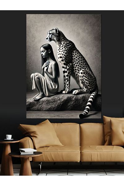 Tablomega Pânză decorativă Leopard și Siluetă Femeie - Lemn MDF
