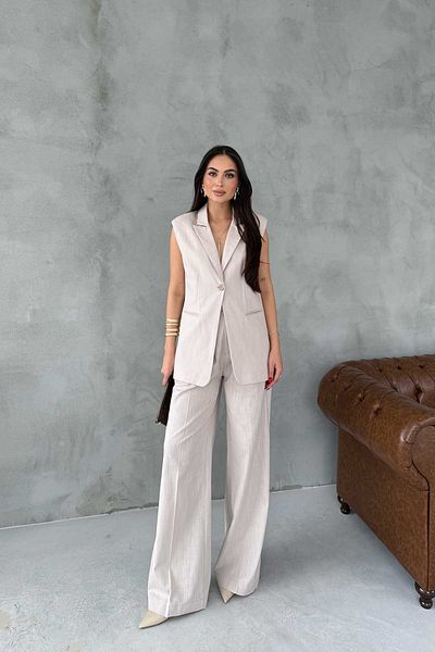 Seda Yalçın Atelier Woman's Stone Linen Vest and Trousers Set