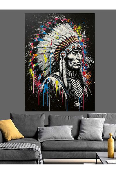 Tablomega Șef indian și pene tradiționale pânză decorativă - pictură din lemn MDF