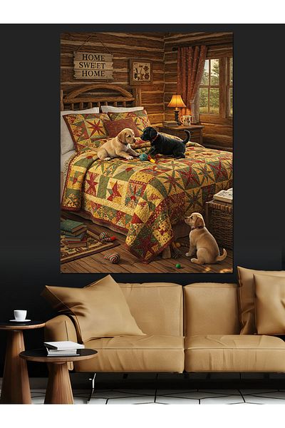 Tablomega Rustic Bed and Pets Decorative Canvas - Mdf Wooden Painting