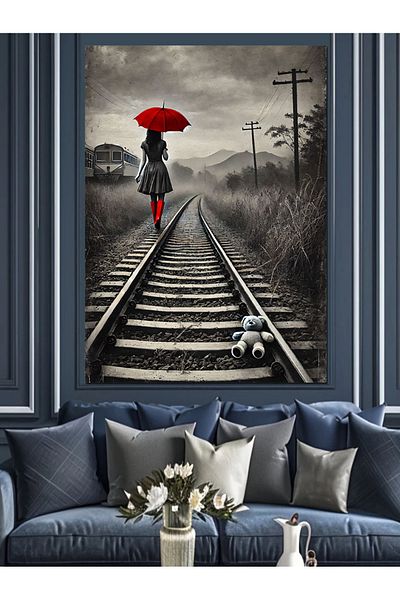 Tablomega Woman with Red Umbrella on Iron Road Decorative Canvas - Mdf Wooden Painting