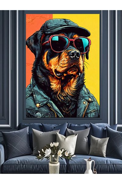 Tablomega Dog with Hat and Red Glasses Decorative Canvas - Mdf Wooden Painting