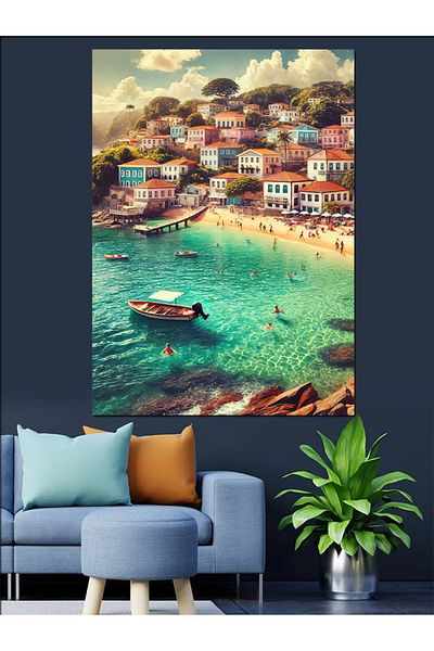 Tablomega Pânză decorativă oraș mediteranean colorat - masă din lemn MDF