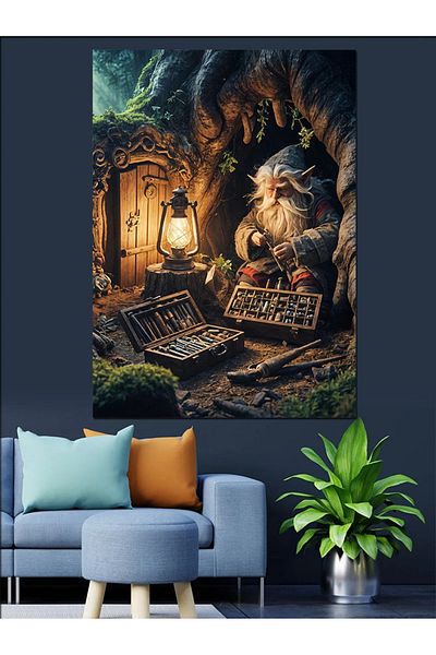 Tablomega Gas Lamp and Old Dwarf Decorative Canvas - Mdf Wooden Painting