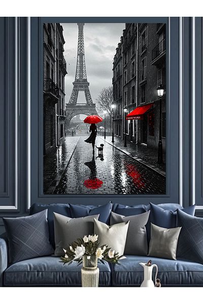 Tablomega Paris Street Decorative Canvas with Red Umbrella - Mdf Wooden Painting