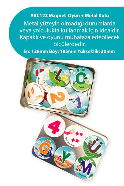 imagnetfun ABC123 + Metal Kutu | Magnet Oyun | Alfabe | 29 Harf | 11 Rakam | 50 Parça