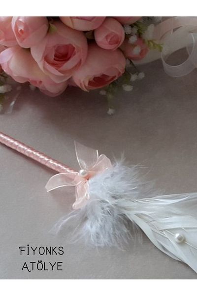 Fiyonks Atölye White Feather Wedding Pen Powder Color Ribbon Signature Pen