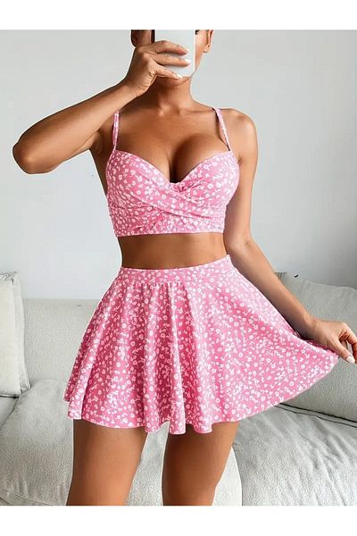 Behills Bikini din trei piese și fustă de plajă cu model floral - Set de costume de baie de vară