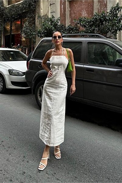 Queene Dreams Trisha Sırt Dekolteli Keten Elbise 2496-20 ELBİSE