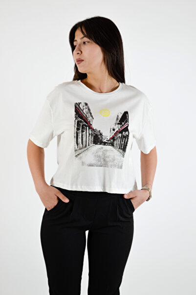 Nisan Okrugli izrez Štampano T-shirt - Ekru