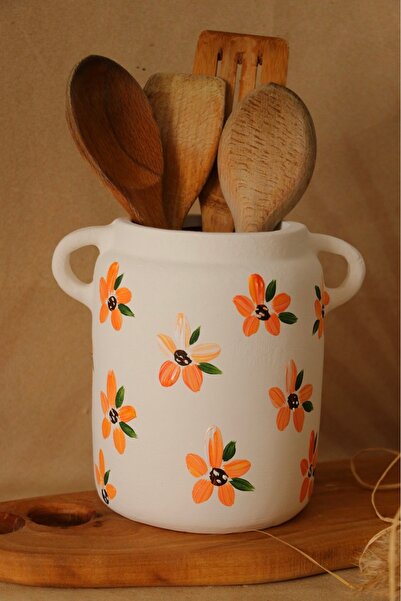 Hoyatap Renkli Çiçek Desenli Papatyalı Kulp Detaylı Toprak Vazo & Büyük Kaşıklık