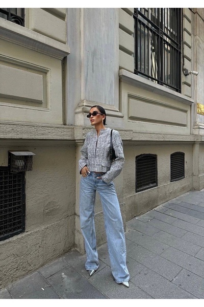 Ecenin Favorileri Jachetă scurtă pentru femei din tweed gri argintiu cu paiete