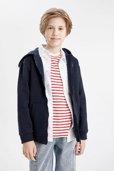 DeFacto Boy's Basic Plain Navy Blue Hooded Pocket Zippered School Cardigan X7382A624Au