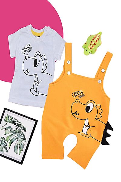 DeKuBaby New Season Cute Dinosaur Figured Luxury Unisex Baby Salopet Jumpsuit Set
