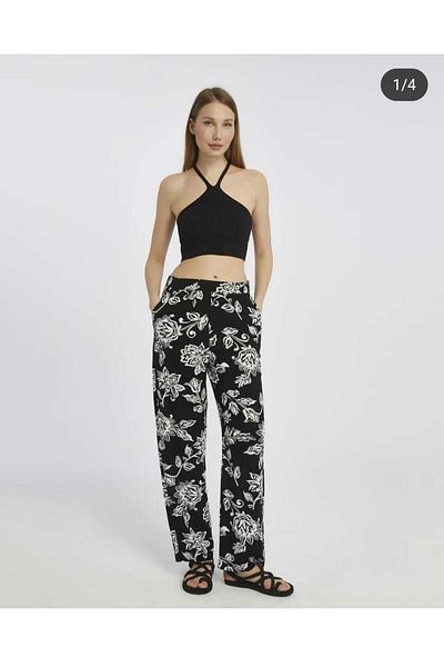 BUUFUU Summer Patterned Viscose Fabric Women's Trousers with Elastic Waist