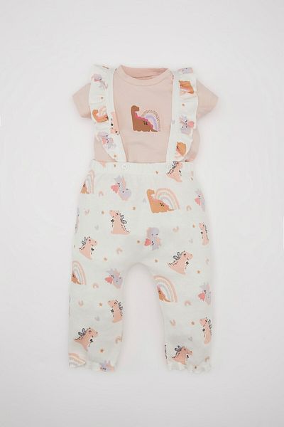 DeFacto Dinosaur Patterned Waffle T-Shirt and Salopette for Baby Girl Set of 2 - C9491A524Sm