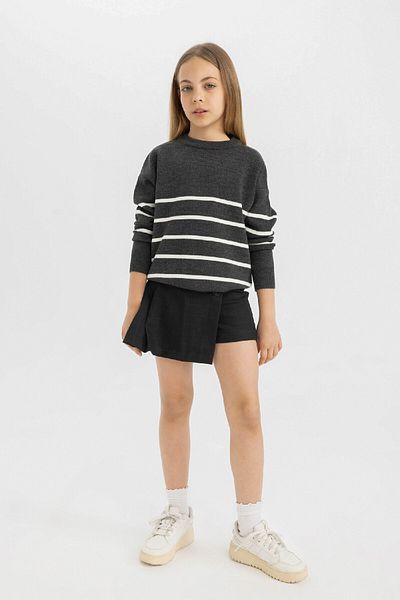 DeFacto Girl's Anthracite Striped Crew Neck Knitwear School Sweater Z0194A624Au